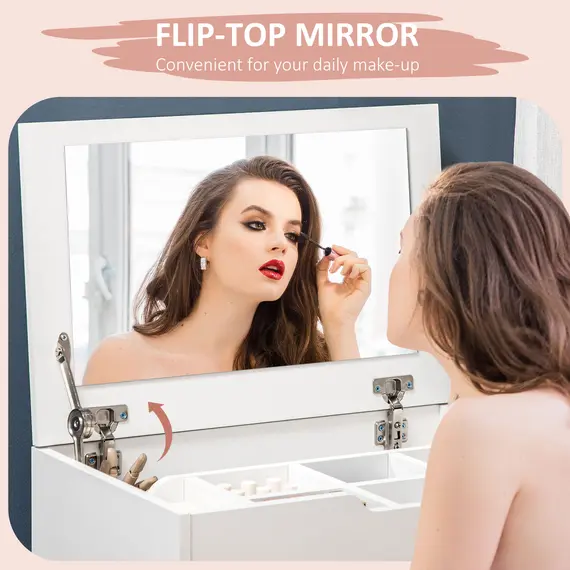 Buy Dressing Table with Flip-up Mirror and Storage Stool, Vanity Table with Drawer and Hidden Compartments for Bedroom, Living Room, White, 4 image
