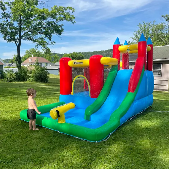 Buy Kids Inflatable Bouncy Castle Water Slide 6 in 1 Bounce House Jumping Castle Water Pool Gun Climbing Wall Basketball Hoop with Air Blower for Summer Playland, 9 image