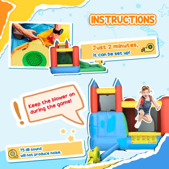 Buy Kids Inflatable Bouncy Castle Water Slide 6 in 1 Bounce House Jumping Castle Water Pool Gun Climbing Wall Basketball Hoop with Air Blower for Summer Playland, 7 image