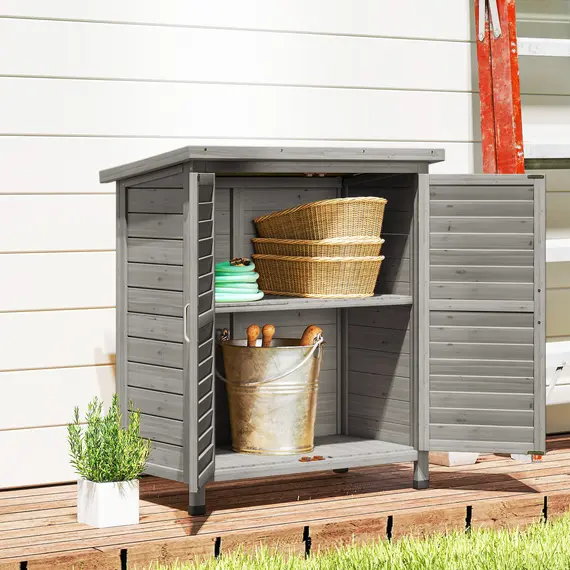 Buy Outsunny Garden Shed Wooden Garden Storage Shed 2 Door Unit Solid Fir Wood Garage Tool Organisation Cabinet, 87L x 46.5W x 96.5Hcm, Grey, 8 image
