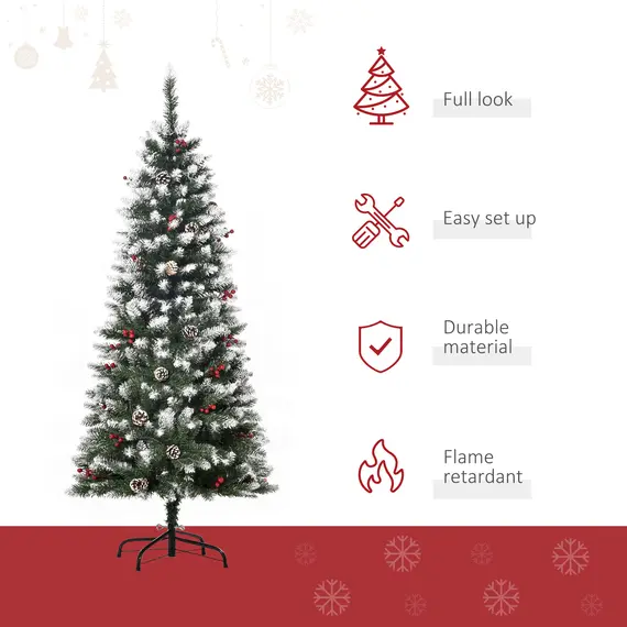 Buy 5FT Artificial Christmas Tree Xmas Pencil Tree with Red Berries and Pinecones Holiday Home Indoor Decoration with Foldable Feet, Green, 4 image