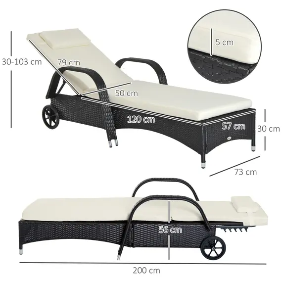 Buy Outsunny Rattan Sun Lounger, Garden Lounger Recliner with Wheels and Adjustable Backrest, Outdoor Reclining Sunbed Garden Chair with Cushion and Headrest for Patio, Beach, Terrace, Black, 3 image