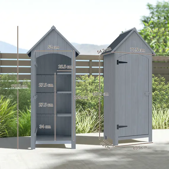Buy Outsunny Wooden Garden Storage Shed with 3 Shelves, Outdoor Tool Storage Cabinet with Tilt Roof and Lockable Door, 77.5 x 54.2 x 179.5 cm, Grey, 3 image
