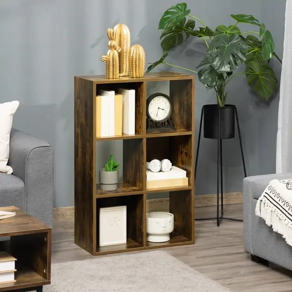 Buy Industrial Style Storage Shelf, Bookcase, Bookshelf with 6 Compartments, Freestanding Shelving Unit for Living Room, Home Study, Rustic Brown, 2 image
