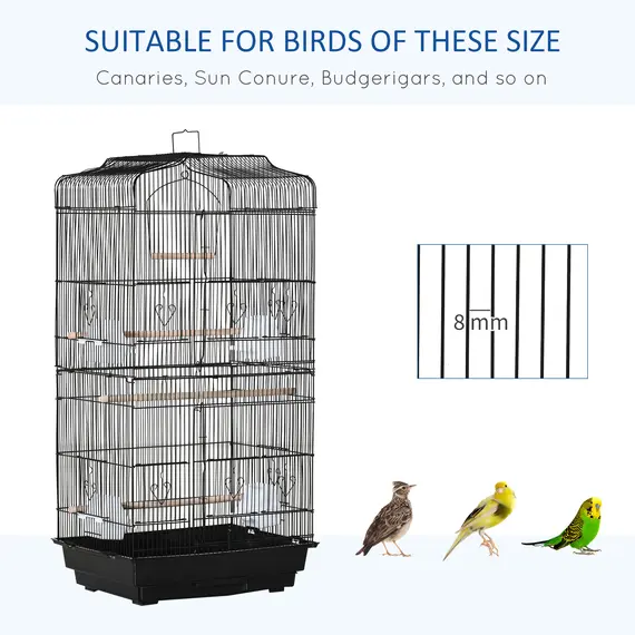 Buy Large Metal Bird Cage with Stand, Perches, Food Bowls, Swing, for Budgies, Parakeets, Black, 7 image