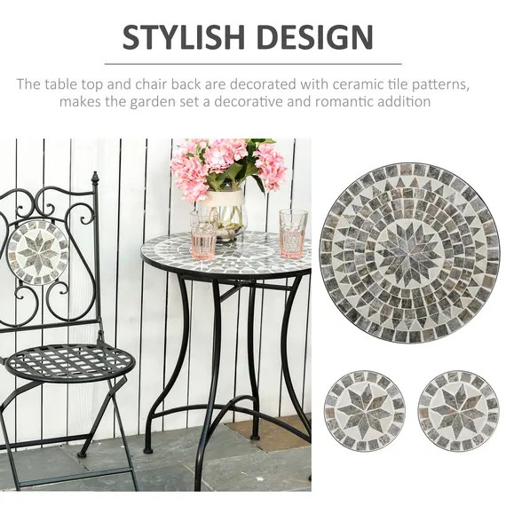 Buy 3 Pcs Mosaic Tile Garden Bistro Set Outdoor Seating w/ Table 2 Folding Chairs Set Metal Frame Elegant Scrolling Indoor Patio Balcony, 6 image
