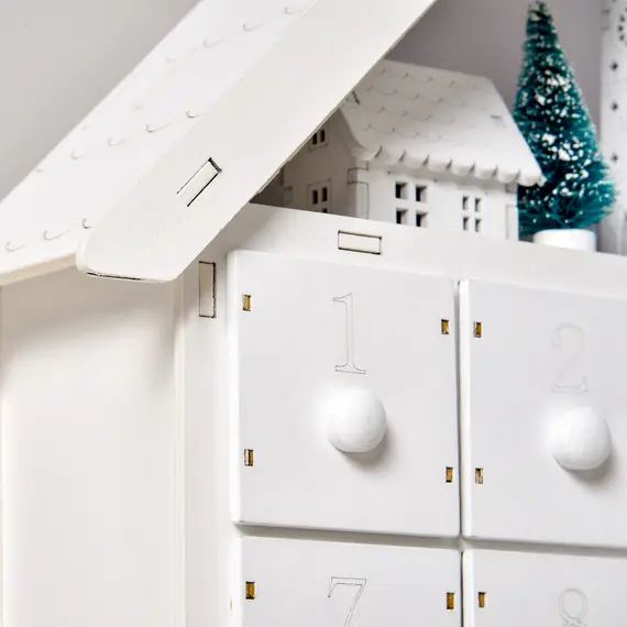 Buy 24-Drawer Christmas Advent Calendar, Wooden Light-Up Traditional Decoration, Adults Kids Countdown Holiday House w/ Lights Handle White, 9 image