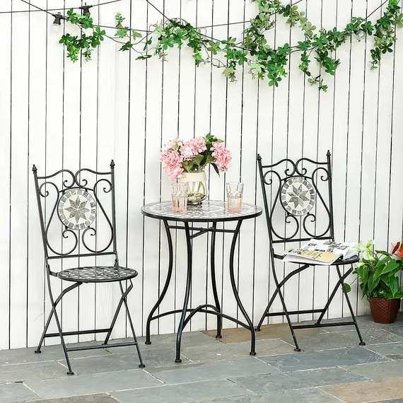 Buy 3 Pcs Mosaic Tile Garden Bistro Set Outdoor Seating w/ Table 2 Folding Chairs Set Metal Frame Elegant Scrolling Indoor Patio Balcony, 2 image