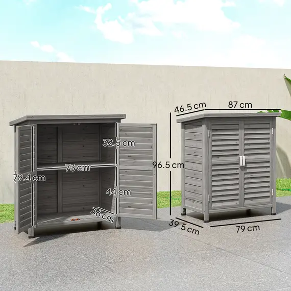Buy Outsunny Garden Shed Wooden Garden Storage Shed 2 Door Unit Solid Fir Wood Garage Tool Organisation Cabinet, 87L x 46.5W x 96.5Hcm, Grey, 3 image