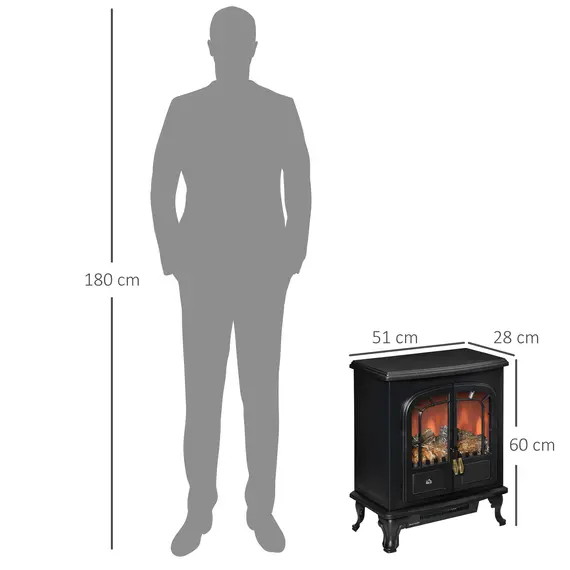Buy HOMCOM Electric Fireplace Stove Heater with LED Fire Flame Effect, Double Door, Freestanding & Portable with Overheat Protection, 1000W/2000W, Black, 3 image