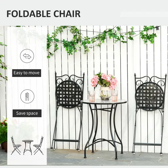 Buy 3 Pcs Mosaic Tile Garden Bistro Set Outdoor Seating w/ Table 2 Folding Chairs Set Metal Frame Elegant Scrolling Indoor Patio Balcony, 4 image