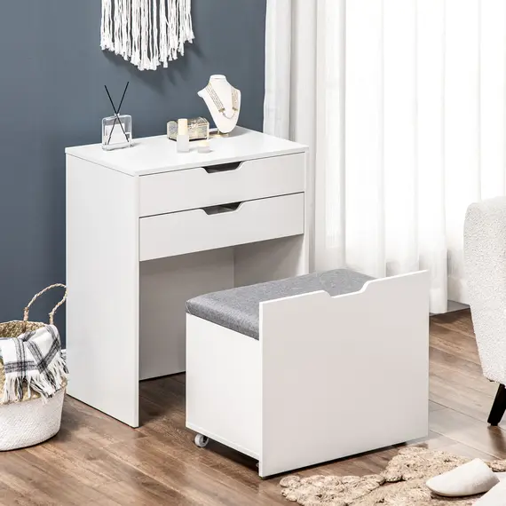 Buy Dressing Table with Flip-up Mirror and Storage Stool, Vanity Table with Drawer and Hidden Compartments for Bedroom, Living Room, White, 8 image