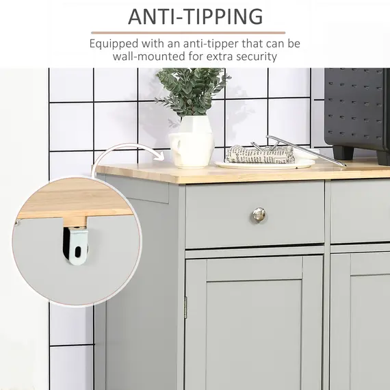 Buy Sideboard with Rubberwood Top and Independent Storage Shelves for Dining Room, Kitchen - Grey, 7 image