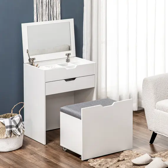 Buy Dressing Table with Flip-up Mirror and Storage Stool, Vanity Table with Drawer and Hidden Compartments for Bedroom, Living Room, White, 2 image