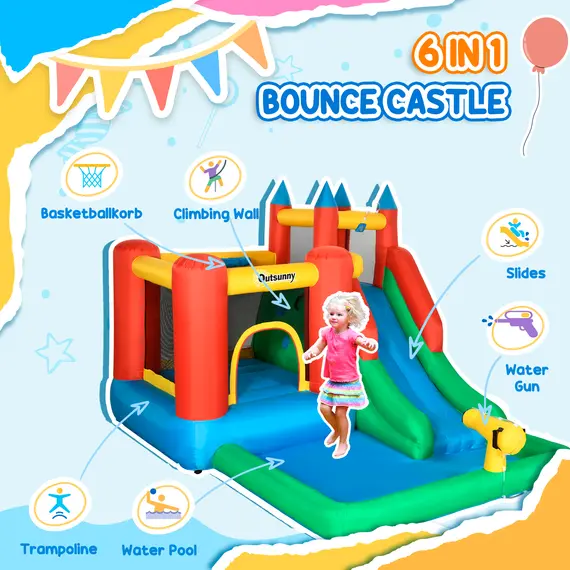 Buy Kids Inflatable Bouncy Castle Water Slide 6 in 1 Bounce House Jumping Castle Water Pool Gun Climbing Wall Basketball Hoop with Air Blower for Summer Playland, 4 image