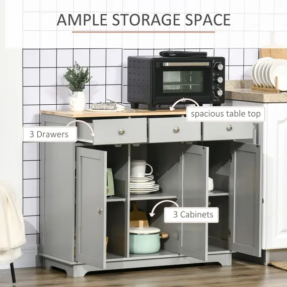 Buy Sideboard with Rubberwood Top and Independent Storage Shelves for Dining Room, Kitchen - Grey, 4 image