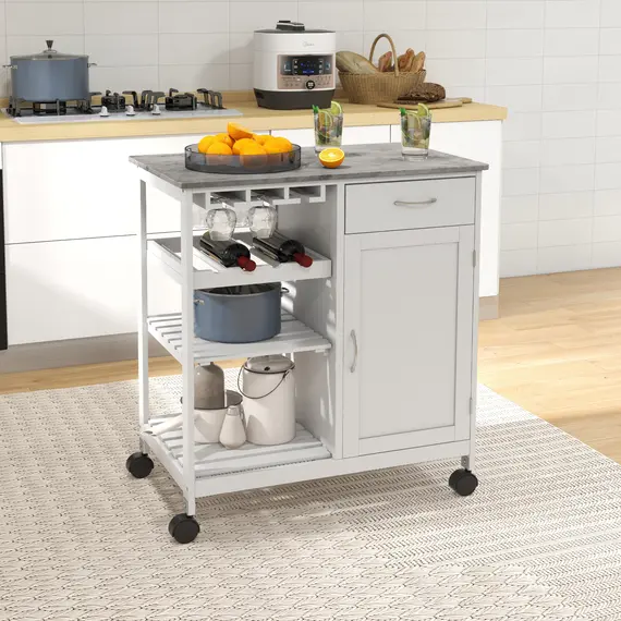 Buy Kitchen Trolley with Wine Rack, Drawer, Open Shelf and Storage Cabinet for Dining Room, White, 2 image