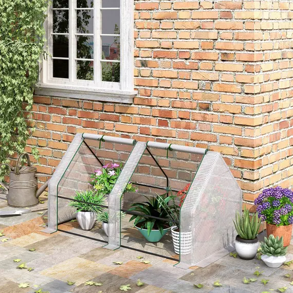 Buy Outsunny Mini Small Greenhouse with Steel Frame & PE Cover & Zipped Window Poly tunnel Steeple for Plants Vegetables, 180 x 90 x 90 cm, White, 2 image