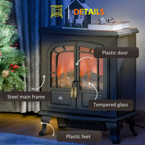 Buy HOMCOM Electric Fireplace Stove Heater with LED Fire Flame Effect, Double Door, Freestanding & Portable with Overheat Protection, 1000W/2000W, Black, 7 image