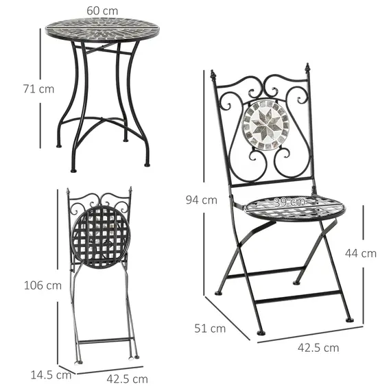 Buy 3 Pcs Mosaic Tile Garden Bistro Set Outdoor Seating w/ Table 2 Folding Chairs Set Metal Frame Elegant Scrolling Indoor Patio Balcony, 3 image