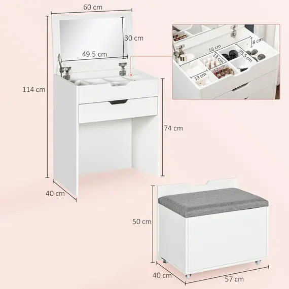 Buy Dressing Table with Flip-up Mirror and Storage Stool, Vanity Table with Drawer and Hidden Compartments for Bedroom, Living Room, White, 3 image