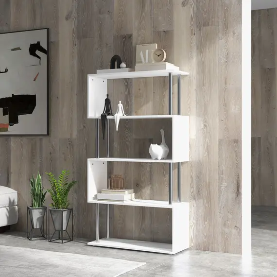Buy S Shape Bookcase, 5 Tiers Bookshelf, Modern Freestanding Storage Shelf for Home Office, Study, Living Room, 80 x 30 x 145cm, White, 7 image