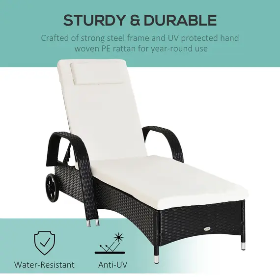 Buy Outsunny Rattan Sun Lounger, Garden Lounger Recliner with Wheels and Adjustable Backrest, Outdoor Reclining Sunbed Garden Chair with Cushion and Headrest for Patio, Beach, Terrace, Black, 4 image