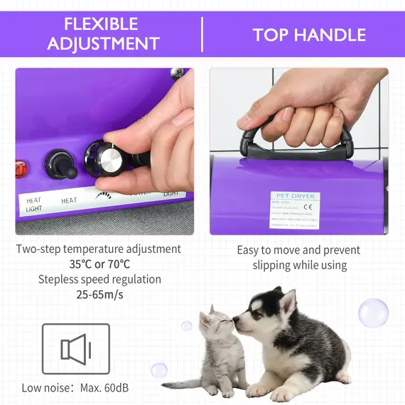 Buy Dog Hair Dryer Pet Grooming Blaster Dryer Blower Adjustable Temperature Speed with 2.1M Flexible Hose 3 Nozzles - Purple, 4 image