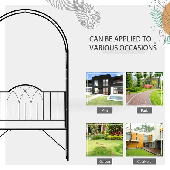Buy Garden Metal Arch Bench Outdoor Patio Rose Trellis Arbour Pergola for Climbing Plant Antique Style 2-Seater Chair, Black, 6 image