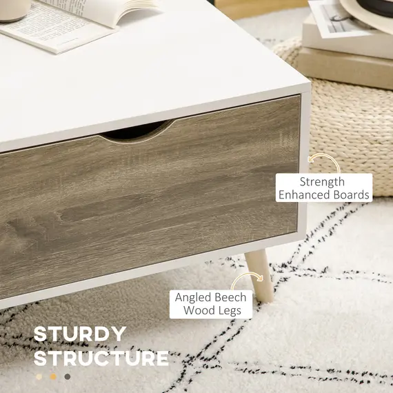 Buy Coffee Table, Modern Tea Table with Open Storage Shelves, Two Drawers and Solid Wood Legs, Coffee Tables for Living Room, Bed Room, White, 6 image