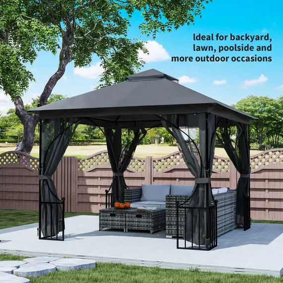 Buy Outsunny 3 x 3m Garden Gazebo Patio Party Tent Shelter Outdoor Canopy Double Tier Sun Shade with Metal Frame and Netting, Dark Grey, 7 image
