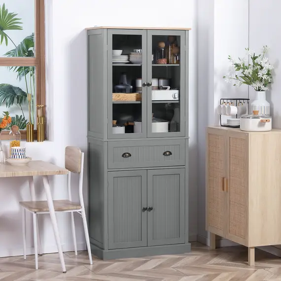 Buy 180cm Tall Kitchen Pantry Cupboard, Freestanding Storage Cabinet with 5 Tier, Adjustable Shelves,  Drawer, Grey, 2 image