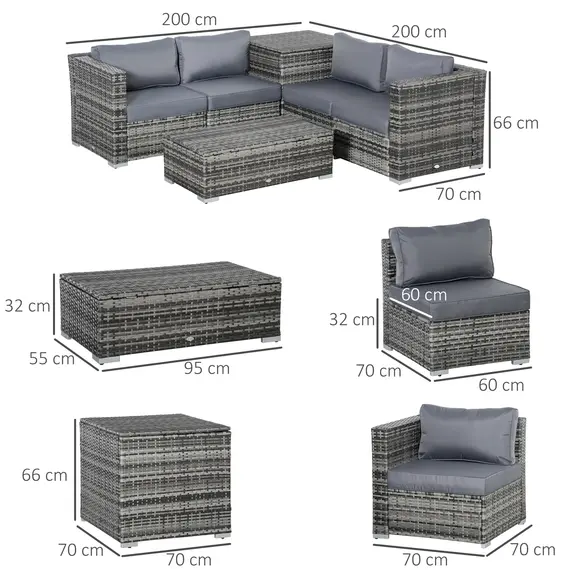 Buy 6PC Rattan Corner Sofa Set Wicker 4 Seater Garden Storage Coffee Table Conversation Ottoman Outdoor Weave Furniture w/ Cushion Grey, 3 image