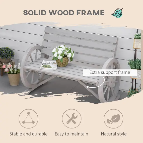 Buy Wooden Cart Wagon Wheel 2 Seater Garden Bench Outdoor Garden Armrest Chair Rustic High Back Loveseat Grey, 4 image