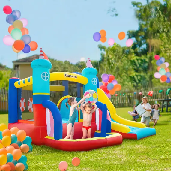Buy Kids Bouncy Castle, 4 in 1 Large Sailboat Style Inflatable House Slide Trampoline Water Pool Climbing Wall with Blower Carrybag for Kids Age 3-8, 2.65 x 2.6 x 2m, 2 image