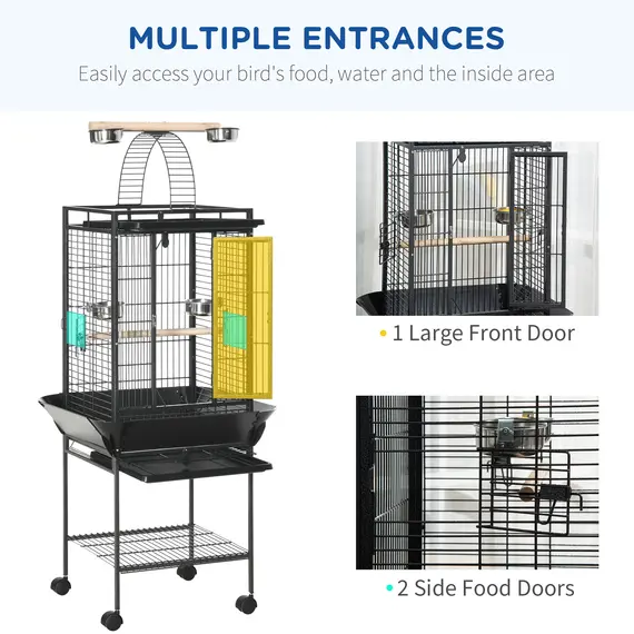 Buy 156cm Bird Cage,Large Parrot Cage with Open Play Top, Perch, Seed Guard, Wheels, Storage Shelf, Dark Grey, 6 image