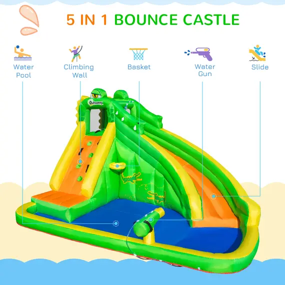 Buy Kids Bouncy Castle, 5 in 1 Large Crocodile Style Inflatable House Slide Basket Water Pool Gun Climbing Wall with Blower Carrybag for Kids Age 3-8, 3.85 x 2.85 x 2.25m, 4 image