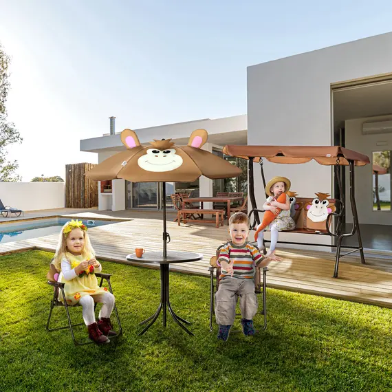 Buy Kids Bistro Table and Chair Set, Outdoor Folding Garden Furniture w/Monkey Design, Removable, Adjustable Sun Umbrella, Ages 3-6 Years - Brown, 7 image