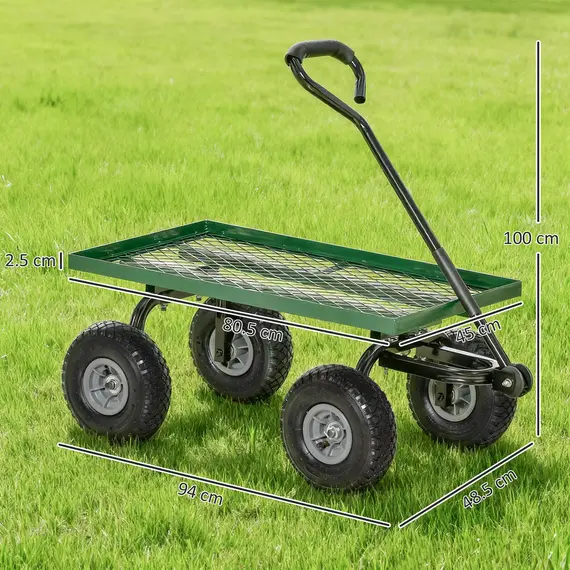 Buy Outsunny Garden Trolley Cart, Heavy Duty Garden Cart with Metal Frame, 10" Pneumatic Wheels, Rotating Handle, 150kg Capacity, for Garden, Farm, Green, 3 image