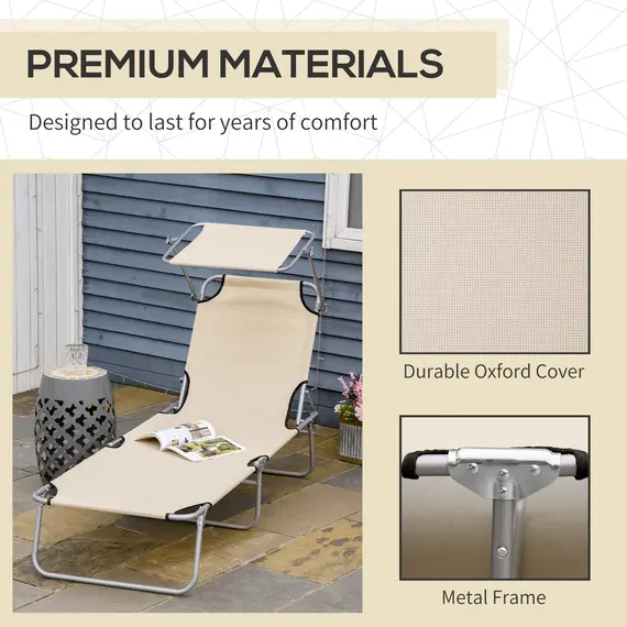Buy Outsunny Folding Sun Lounger with Canopy, Reclining Sunbed with 4-Position Adjustable Backrest, 600D Oxford Cloth, Portable Garden Lounger Recliner Chair for Beach, Camping, Patio, Beige, 7 image