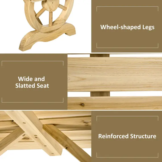 Buy 2-Person Garden Bench Rustic Wooden Outdoor Bench with Wheel-Shaped Legs Slatted Seat for Patio Natural Wood Effect, 4 image