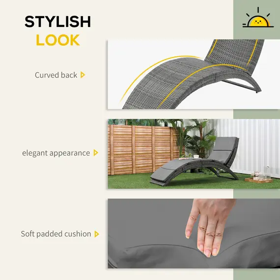 Buy Outsunny Folding Sun Lounger, PE Rattan Garden Lounger Chair with Soft Padded Cushion, Ergonomic Curved Design Sun Bed for Balcony, Garden, Grey, 5 image