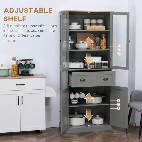 Buy 180cm Tall Kitchen Pantry Cupboard, Freestanding Storage Cabinet with 5 Tier, Adjustable Shelves,  Drawer, Grey, 6 image