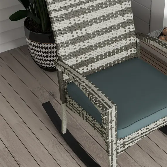 Buy Outsunny PE Rattan Garden Rocking Chair, Outdoor Rocking with Cushion, 160 KG Capacity Wicker Garden Armchair Rocker with Metal Frame for Patio, Porch, Balcony, Light Grey, 8 image