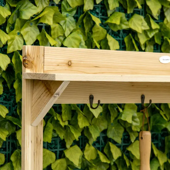 Buy Outsunny Garden Potting Bench Table, Wooden Workstation Bench w/ Galvanized Metal Tabletop, Storage Shelves and Hooks, Natural, 8 image