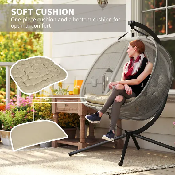Buy Double Hanging Egg Chair 2 Seaters Texteline Swing Hammock Chair with Stand, Cushion and Folding Design, for Indoor and Outdoor, Brown, 4 image