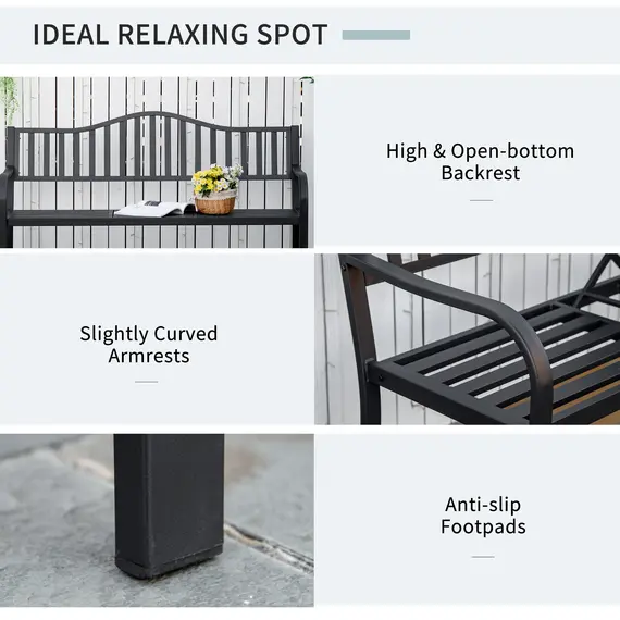 Buy Metal Outdoor Bench with Liftable Middle Table, Patio Loveseat, Garden Bench for Garden, Porch, Seats 2–3 People, Black, 5 image