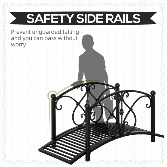 Buy Outsunny 102L x 48W x 49H Classic Metal Garden Bridge with Safety Railings Arc Footbridge Decorative Pond Bridge for Backyard Creek Stream, Black, 5 image