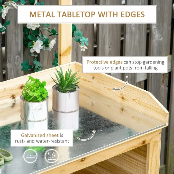 Buy Outsunny Garden Potting Bench Table, Wooden Workstation Bench w/ Galvanized Metal Tabletop, Storage Shelves and Hooks, Natural, 4 image