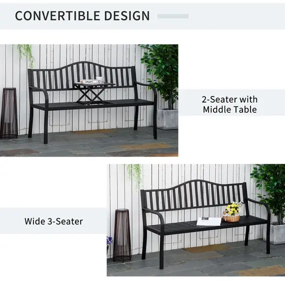 Buy Metal Outdoor Bench with Liftable Middle Table, Patio Loveseat, Garden Bench for Garden, Porch, Seats 2–3 People, Black, 4 image